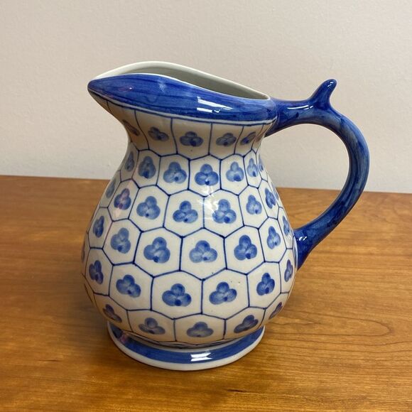 Silvestri Blue and White Floral Water Pitcher 7” Tall - Picture 3 of 6